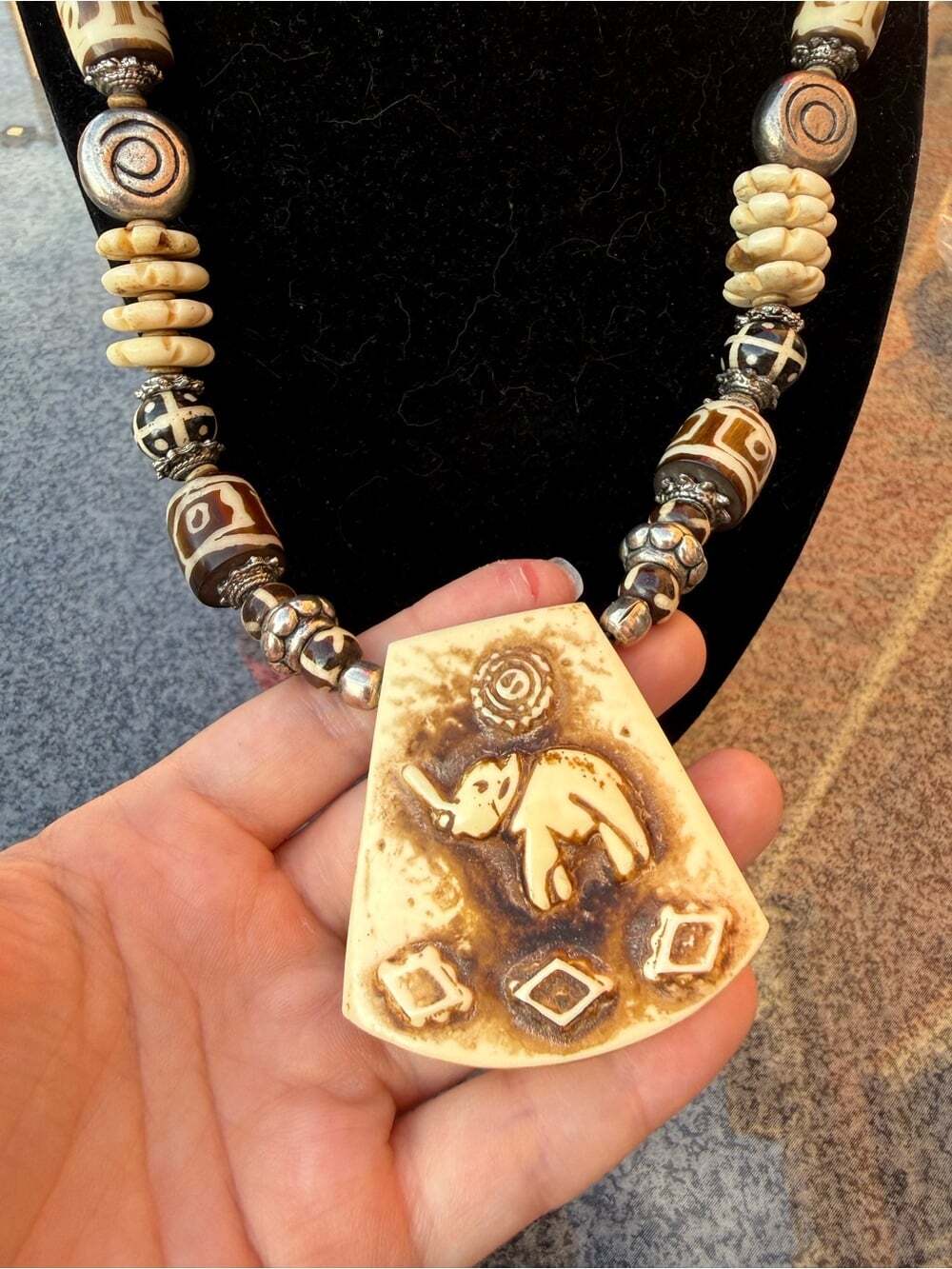 Handcrafted Carved Bone Elephant Pendant Necklace & Earrings Set - Picture 3 of 9